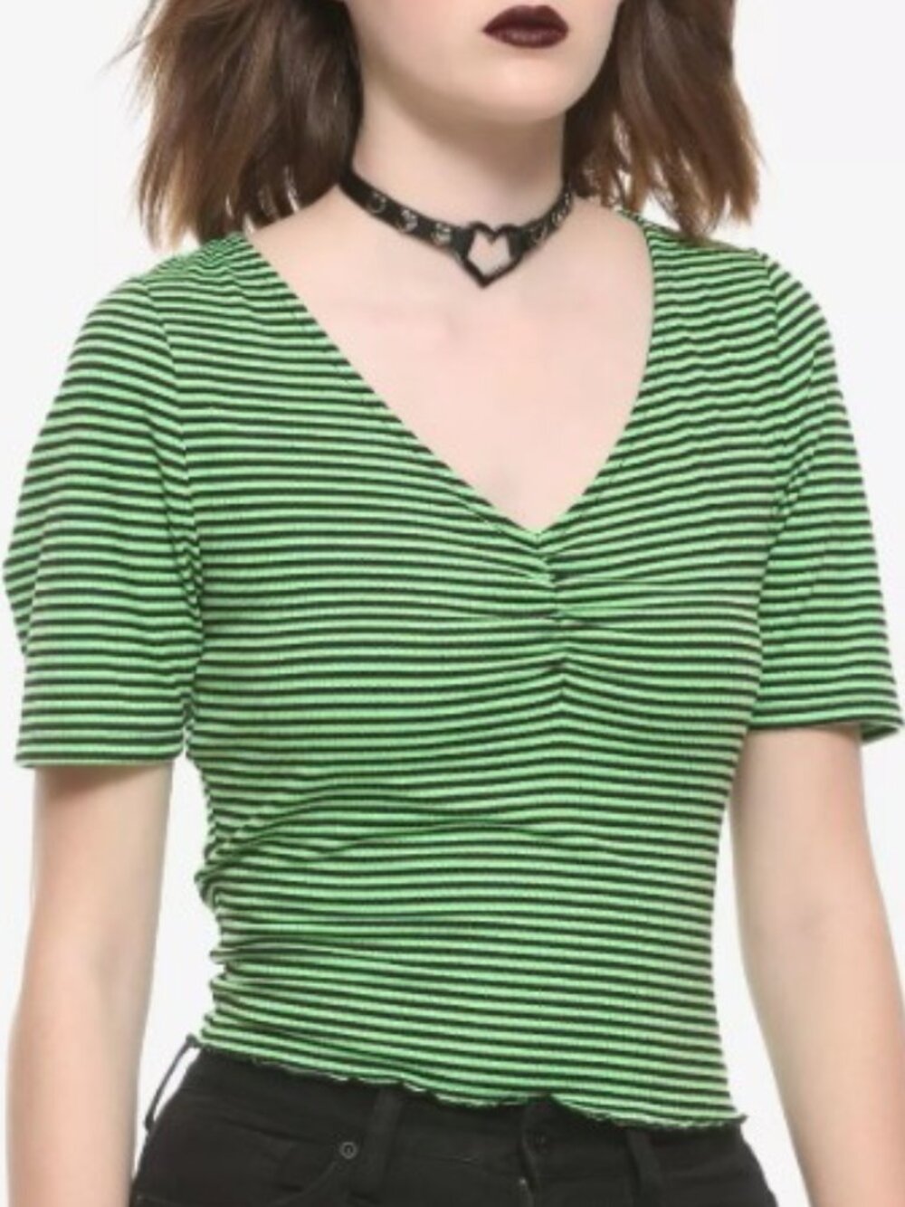 Hot Topic 2X Green Black Striped V Neck Ruched Bust Crop Top Egirl Goth Grunge